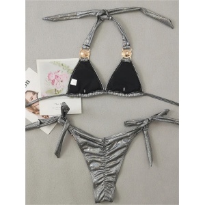 Costum de baie 2 piese metalizat cu slip brazilian si cristale decorative, argintiu #ZZ2115 - Img 9