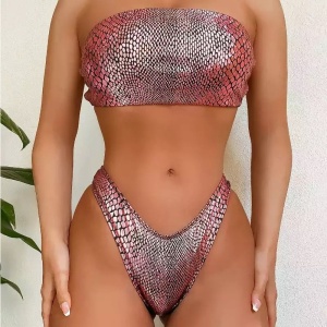 Costum de baie 2 piese metalizat, imprimeu sarpe, maro/roz #ZZ2906 - Img 3