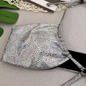 Costum de baie 2 piese metalizat, snur decorativ la sutien, argintiu #ZZ2867 - Img 5