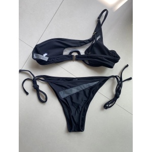 Costum de baie 2 piese pe un umar cu insertii de tul si slip reglabil, negru #ZZ2123 - Img 8