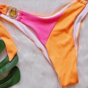 Costum de baie 2 piese reiat, cu decupaj, cristale decorative si slip reglabil, roz/ portocaliu #ZZ2823 - Img 8