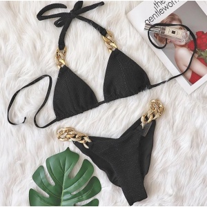 Costum de baie 2 piese reiat, cu sclipici si lanturi decorative, negru #ZZ2729