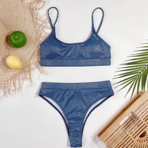 Costum de baie 2 piese reiat, sidefat, slip cu talie inalta, albastru #ZZ2840 - Img 2