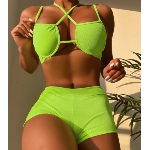 Costum de baie 2 piese reiat, slip cu talie inalta , verde neon #ZZ2866