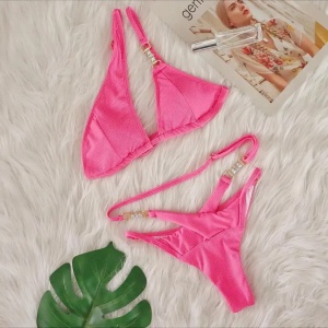 Costum de baie 2 piese reiat, sutien pe un umar, cristale decorative, roz neon #ZZ2137