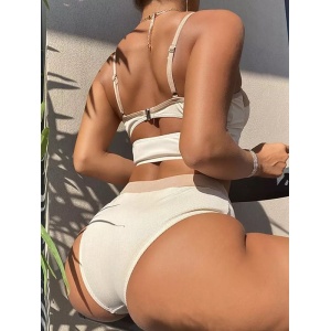 Costum de baie 2 piese reiat, sutien tip bustiera si slip cu talie inalta, bej #ZZ2822 - Img 5