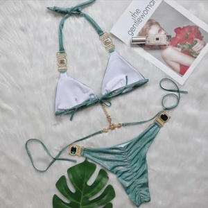 Costum de baie 2 piese sidefat cu cristale decorative, turcoaz #ZZ2888 - Img 7