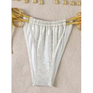 Costum de baie 2 piese sidefat cu snururi aurii decorative la slip si sutien, alb/ auriu #ZZ2821 - Img 5