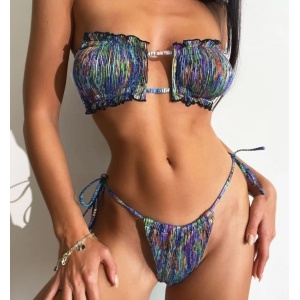 Costum de baie 2 piese sidefat, sutien fara bretele si slip reglabil, mov/ multicolor #ZZ2768