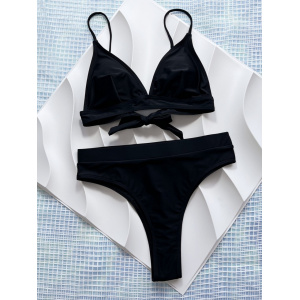 Costum de baie 2 piese, slip brazilian cu talie inalta, negru #ZZ2088 - Img 3