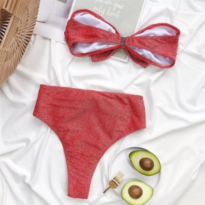 Costum de baie 2 piese, slip brazilian cu talie inalta, sclipici, rosu #ZZ2733 - Img 3