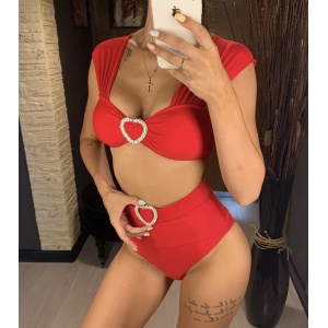 Costum de baie 2 piese, slip cu talie inalta, bretele groase si inimioare decorative, rosu #ZZ2728 - Img 5