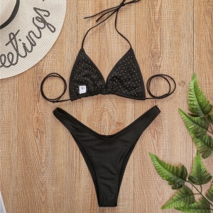 Costum de baie 2 piese, sutien cu perle albe aplicate si slip brazilian, negru #ZZ2130 - Img 4