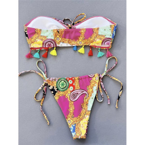 Costum de baie 2 piese, sutien fara bretele si ciucuri decorativi, multicolor #ZZ2028 - Img 5