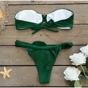Costum de baie 2 piese, sutien fara bretele si slip cu trandafir aplicat, verde #ZZ2128 - Img 5