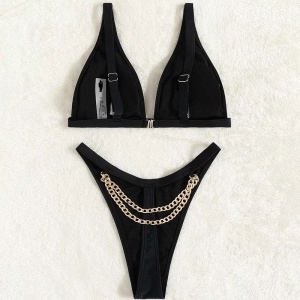 Costum de baie 2 piese tanga cu lantisor decorativ, negru #ZZ2750 - Img 4