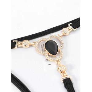 Costum de baie 2 piese tanga, slipe cu elemente metalice si cristale decorative, negru #ZZ2101 - Img 5