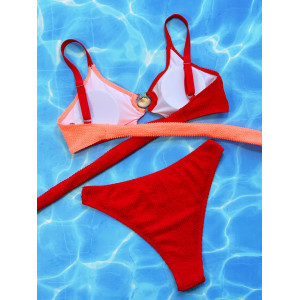 Costum de baie 2 piese texturat cu accesorii metalice aurii, rosu/portocaliu #ZZ2013 - Img 5