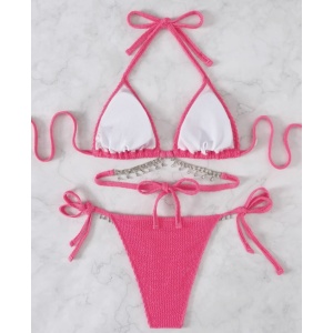 Costum de baie 2 piese texturat cu accesorii metalice decorative, roz neon #ZZ2920 - Img 5