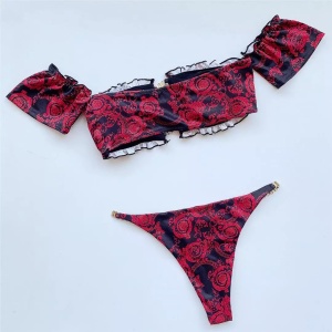 Costum de baie 2 piese texturat cu elemente metalice decorative, rosu/negru #ZZ2760 - Img 8