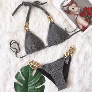 Costum de baie 2 piese texturat cu sclipici si lanturi decorative, gri #ZZ2874