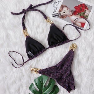 Costum de baie 2 piese texturat cu sclipici si lanturi decorative, mov #ZZ2875 - Img 7