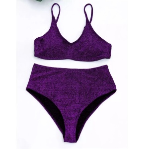 Costum de baie 2 piese texturat cu sclipici, slio cu talie inalta, mov #ZZ2759 - Img 5