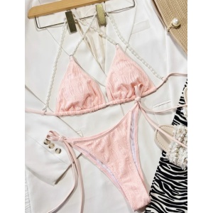 Costum de baie 2 piese texturat, cu slip reglabil si perle decorative la sutien, roz #ZZ2810 - Img 3