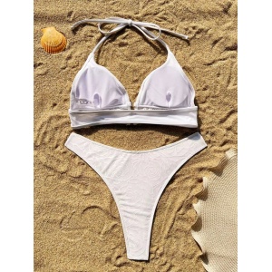 Costum de baie 2 piese texturat, cu slip tanga si model floral, alb #ZZ2064 - Img 5