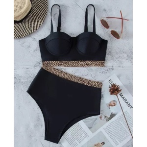 Costum de baie 2 piese texturat cu talie inalta si cupe tari buretate, negru #ZZ2762