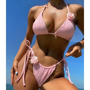 Costum de baie 2 piese texturat cu trandafiri aplicati si slip reglabil, roz #ZZ2111