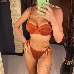 Costum de baie 2 piese texturat, cupe tari buretate, maro #ZZ2780 - Img 5