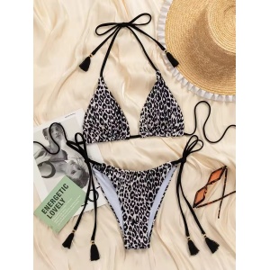 Costum de baie 2 piese texturat, imprimeu leopard, slip reglabil, negru/alb #ZZ2138 - Img 4