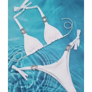 Costum de baie 2 piese texturat, reglabil, cu cristale decorative , alb #ZZ2089 - Img 7