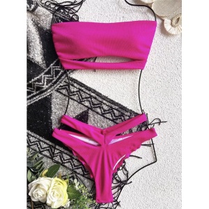 Costum de baie 2 piese texturat, sutien fara bretele, roz neon #ZZ2791 - Img 4