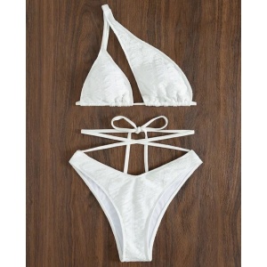 Costum de baie 2 piese texturat, sutien pe un umar, alb #ZZ2744 - Img 2