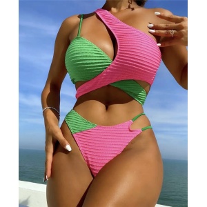 Costum de baie 2 piese texturat, sutien petrecut, roz fucsia/verde #ZZ2776 - Img 2