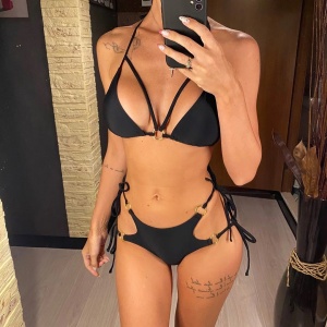 Costum de baie 3 piese cu bluza din voal elastic, slip reglabil cu cercuri metalice, negru #ZZ3936 - Img 5