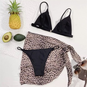 Costum de baie 3 piese cu esarfa imprimeu leopard, negru #ZZ3940 - Img 9