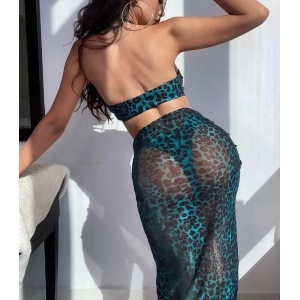 Costum de baie 3 piese cu fusta, imprimeu leopard, verde/ negru #ZZ3930 - Img 2
