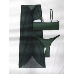 Costum de baie 3 piese cu fusta lunga din voal, elemente metalice decorative, verde #ZZ3925 - Img 9