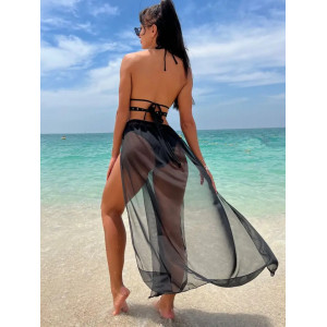 Costum de baie 3 piese cu fusta lunga din voal si accesorii metalice, negru #ZZ3018 - Img 6