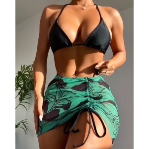 Costum de baie 3 piese cu fusta scurta, negru/ verde #ZZ3981
