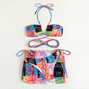 Costum de baie 3 piese cu fusta scurta si imprimeu, multicolor #ZZ3963 - Img 2