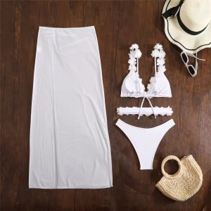 Costum de baie 3 piese cu fusta si flori decorative, alb #ZZ3051 - Img 10