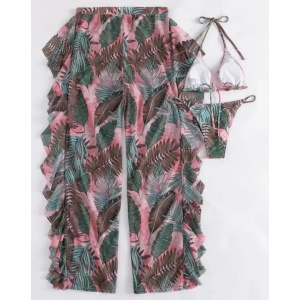 Costum de baie 3 piese cu pantaloni lungi vaporosi, imprimeu, roz/ verde#ZZ3974 - Img 5
