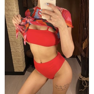 Costum de baie 3 piese cu rochie acurta si slip cu talie inalta, rosu #ZZ3912 - Img 2