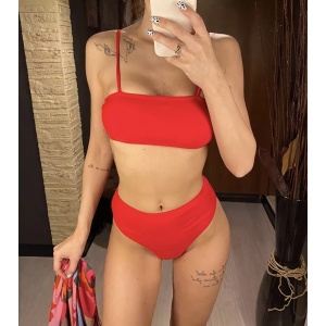 Costum de baie 3 piese cu rochie acurta si slip cu talie inalta, rosu #ZZ3912 - Img 11