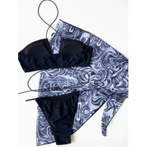 Costum de baie 3 piese, esarfa cu imprimeu , negru #ZZ3948 - Img 2