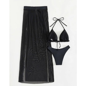 Costum de baie 3 piese, fusta lunga cu crapaturi si sutien cu flori aplicate, negru #ZZ3047 - Img 10